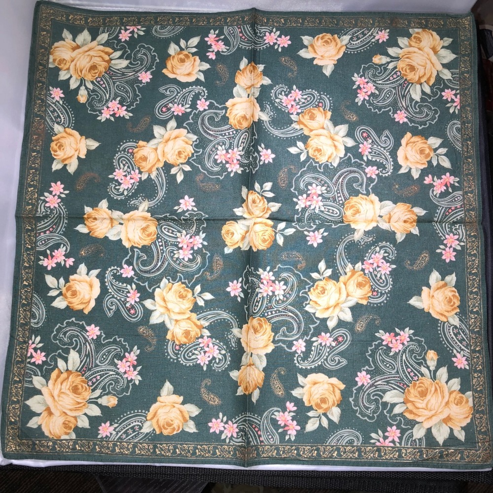 Vintage Green Floral Paisley Handkerchief Yellow Rose Gold Border Square Scarf